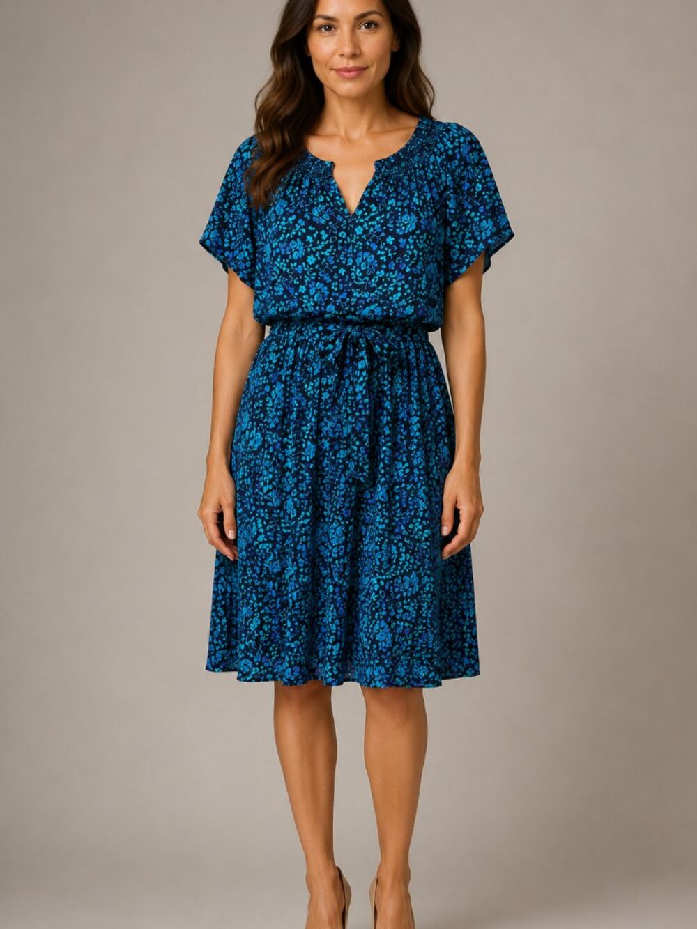 Talbots Blue Teal Floral Blouson Midi Dress Women’s XL Belted